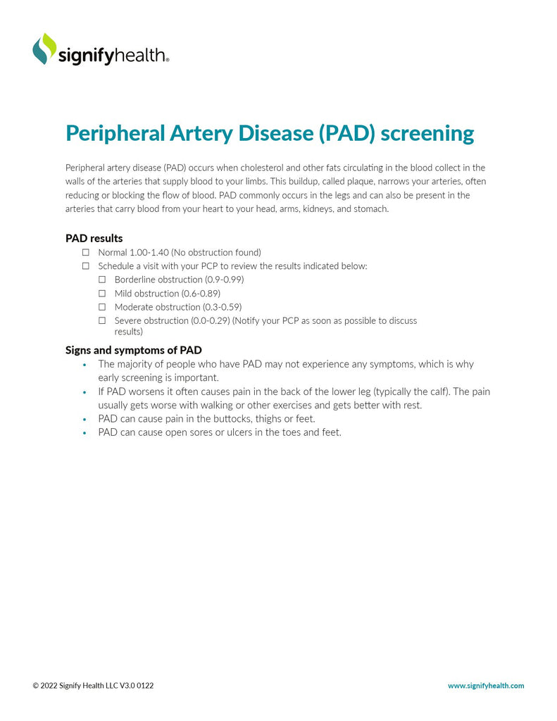 Signify Health Form Signifyhealth® Peripheral Artery Disease Screening Form Signigyhealth ...