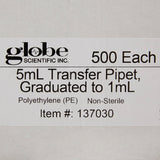 Globe Scientific Transfer Pipette, 5 mL, 3.4 mL Draw Volume
