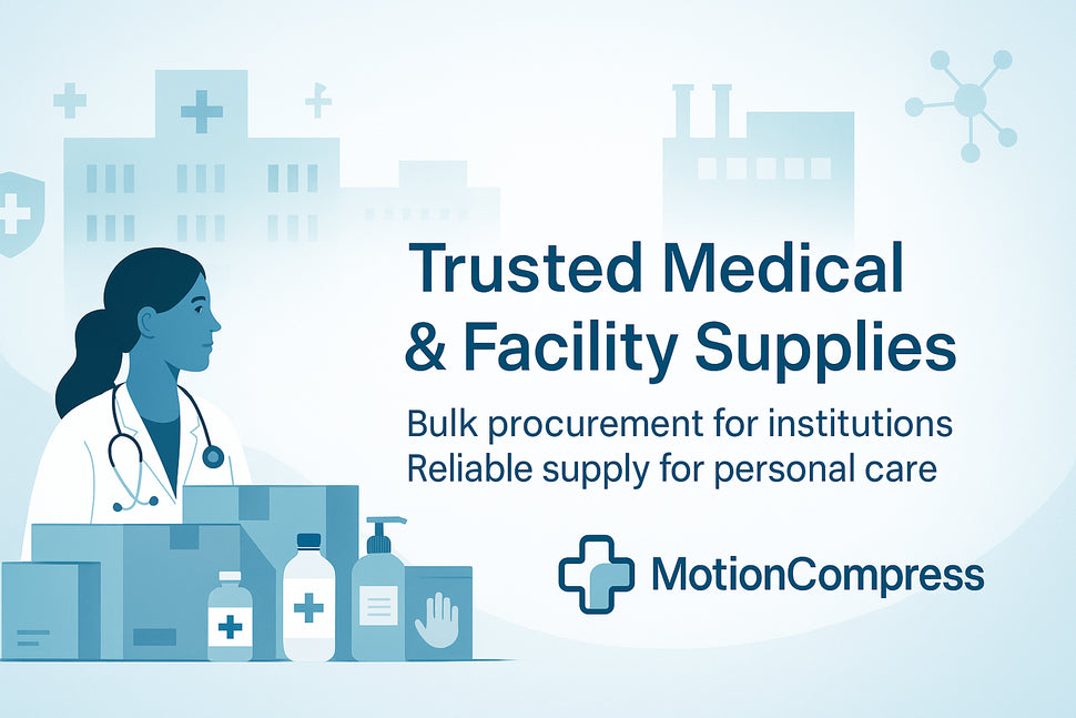 Patient using crutches with orthopedic ankle support brace featuring MotionCompress branding – hospital-grade mobility aid for rehabilitation and recovery